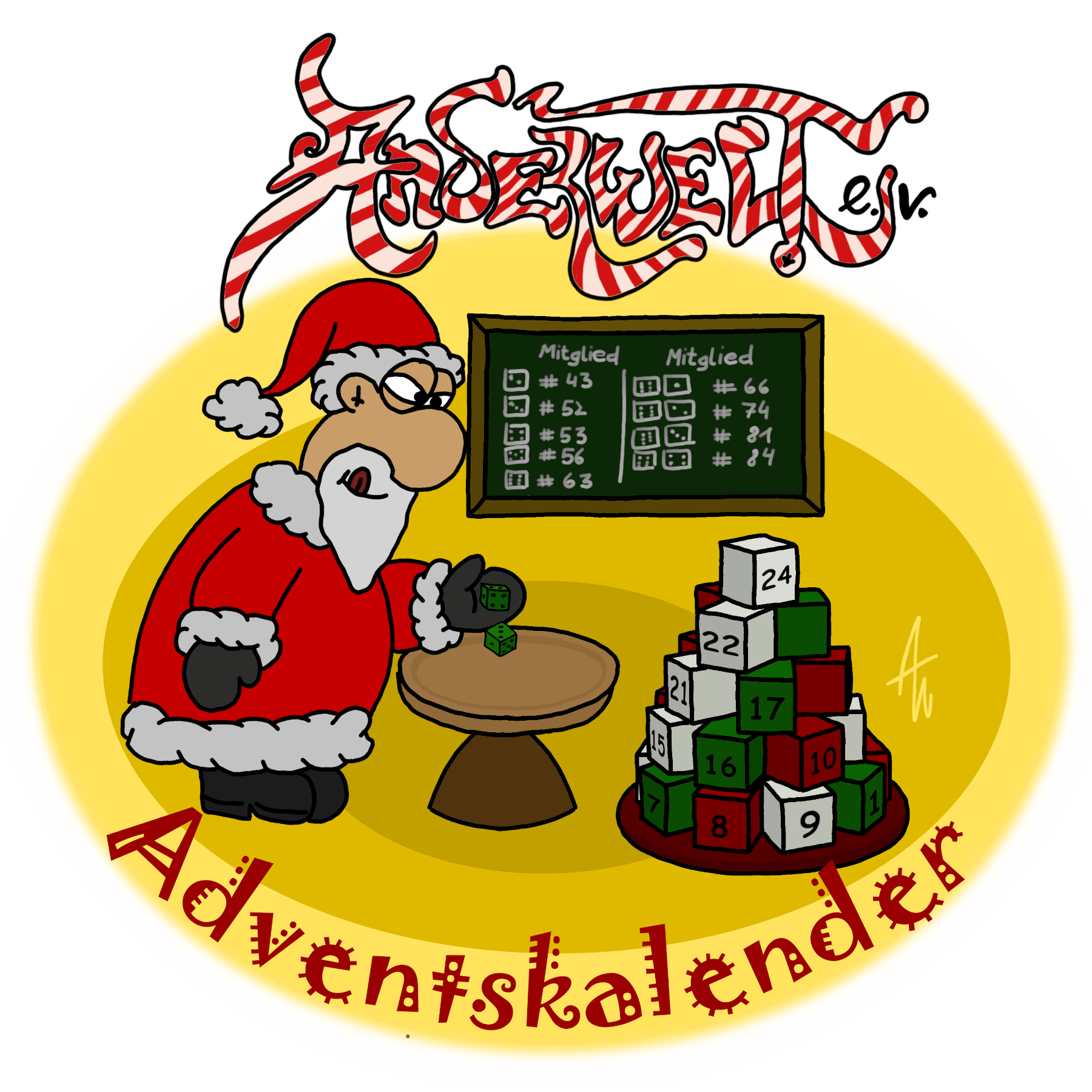 Der Weihnachtsmann würfelt gerade sehr spannend einen Gewinner für ein Geschenk aus. Im Vordergrund stapeln sich Geschenke der einzelenen Kalendertage und im Hintergrund ist eine Tafel mit der Zuordnung Augenanzahl zu Teilnehmer zu sehen. Über dem Szenario prangert der Anderwelt-Schriftzug im rot-weißen Zuckerstangen-Outfit.