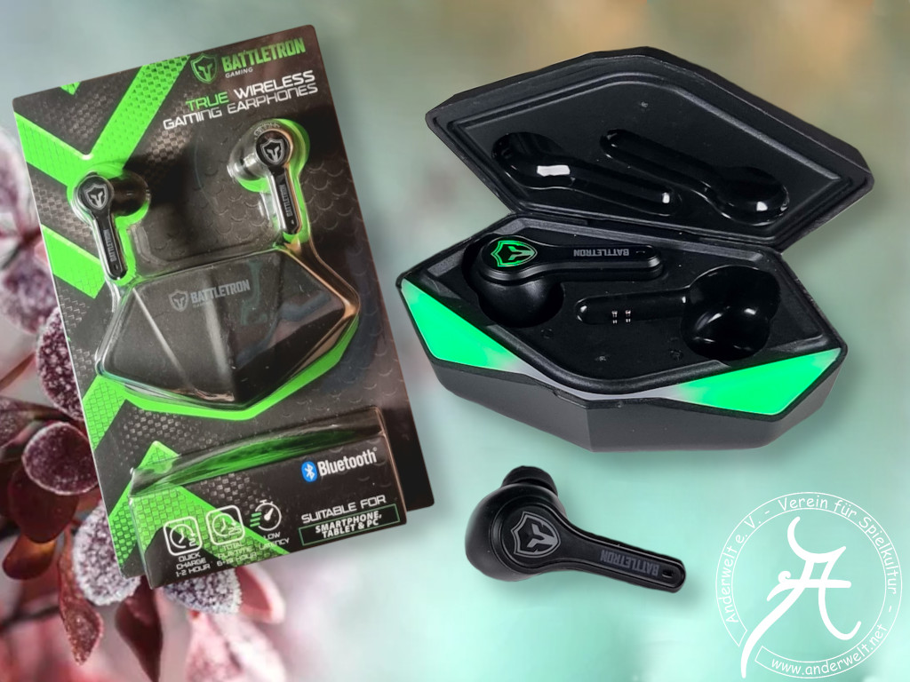 Eine leuchtende Box, in der zwei schnurlose Ohr-Stöpsel platz finden.