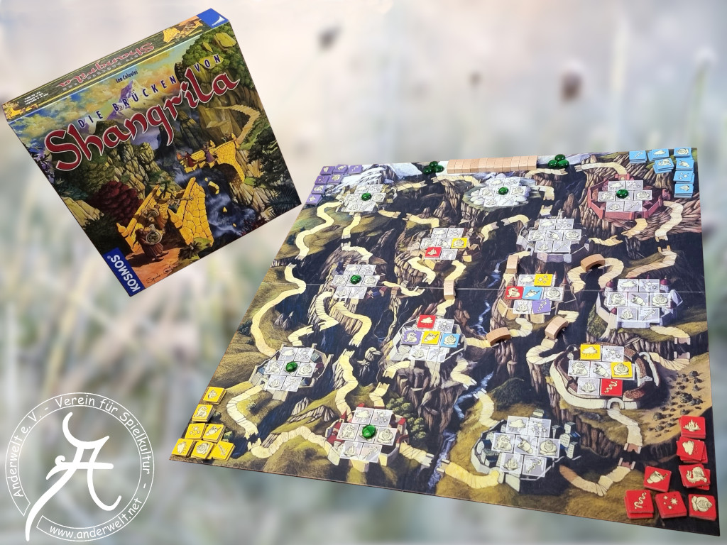 Ein großer Spielplan mit durch Brücken verbundene Dörfer, auf denen verschiedenfarbige Chips platziert sind. Seitlich die Spielschachtel.