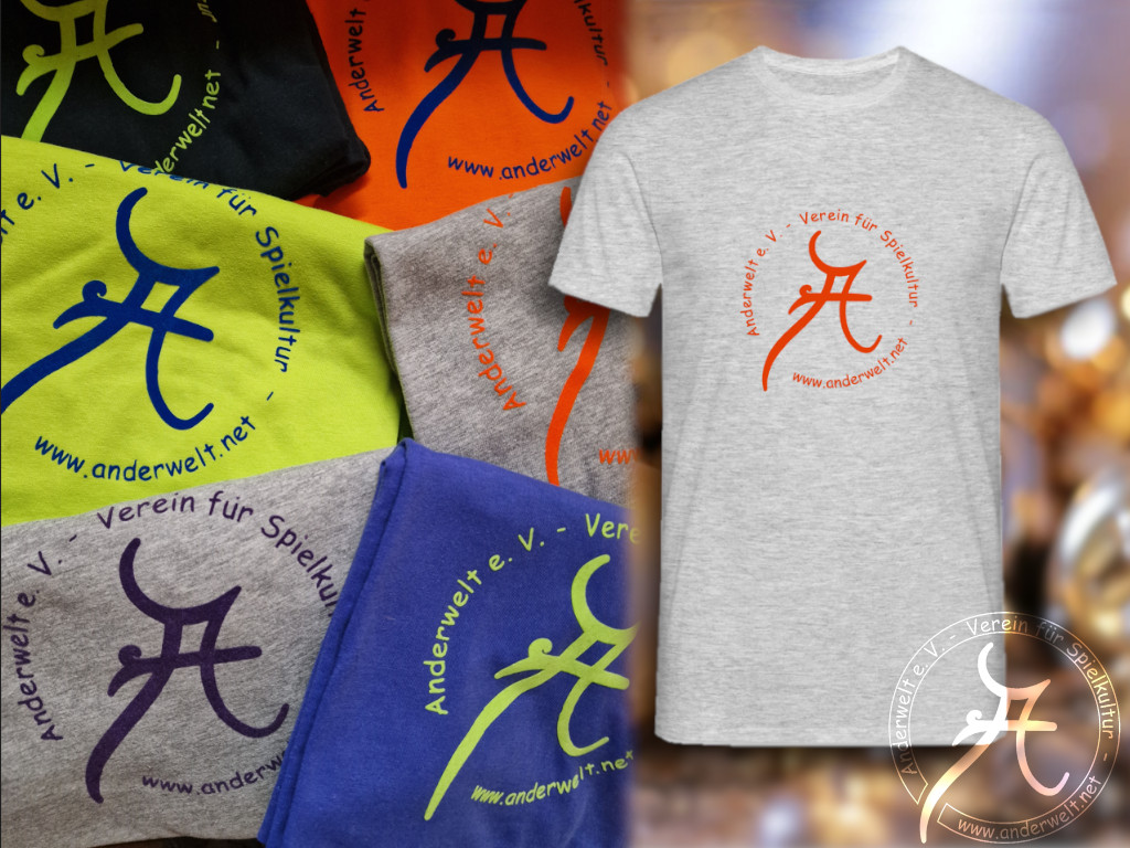 Rechts ein graumeliertes T-Shirt mit rundem, orangefarbenen Anderwelt-Logo. Links die verschiedenen Farbkombinationen: schwarz-gelb, gelb-blau, grau-lila, orange-blau, grau-orange, blau-gelb.