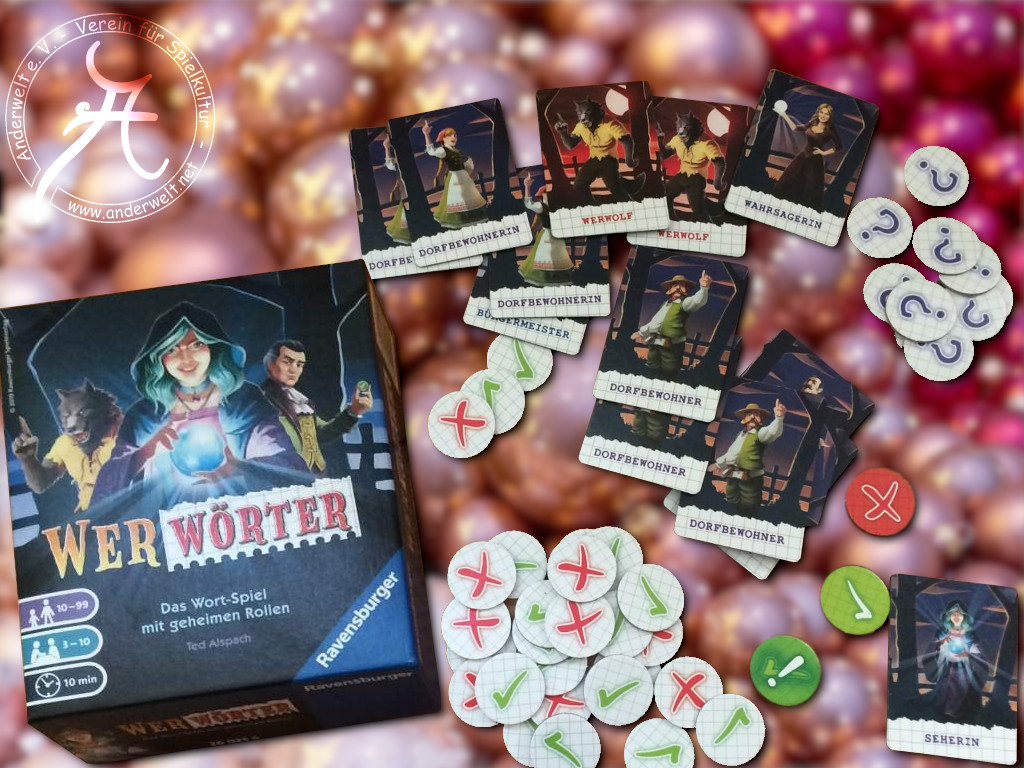 Spielschachtel mit ausgebreiteten Spielmaterial von WerWörter. Zu sehen sind die Rollen-Karten und Wertungs-Chips.