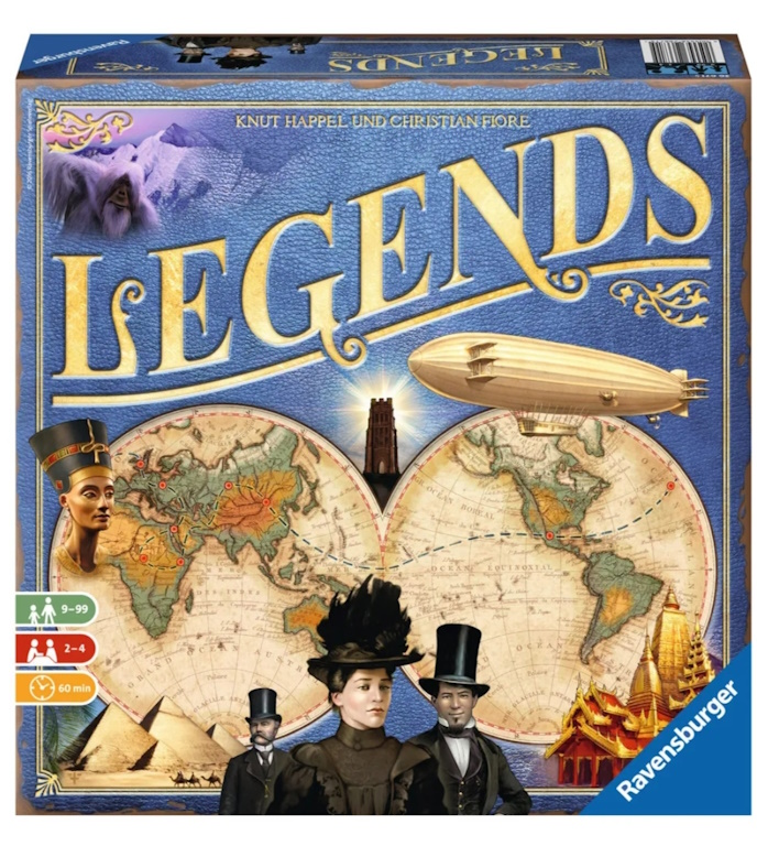 Die Spielschachtel zeigt eine in östliche und westliche Hemispäre partitionierte historische Weltkarte, davor die Portraits der Protagonisten, gekleidet im Stil der Jahrhundertwende. Umgeben ist die Karte von Zeichnungen legendärer Orte wie dem Himalaya mit Yeti, den Pyramiden von Gizeh mit Büste der Nofretete, einem asiatischen Tempel mit vergoldetem Dach sowie einem Luftschiff zur Beschleunigung der Reise.