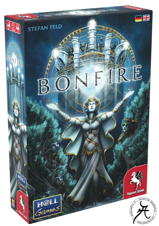 Das Bild zeigt eine Hüterin des Lichts in einem weißen, goldgesäumten Gewand. Sie steht mit schräg nach oben ausgebreiteten Armen und schräg nach oben gerichtetem Blick vor einem grauen, turmähnlichen Gebäude, an dem drei markante Lichter hell erstrahlen. Zu beiden Seiten der Hüterin ist ein grünes Gebüsch zu sehen, aus dem weitere Gesichter herausschauen, ihre Blicke auf die Hüterin gerichtet.