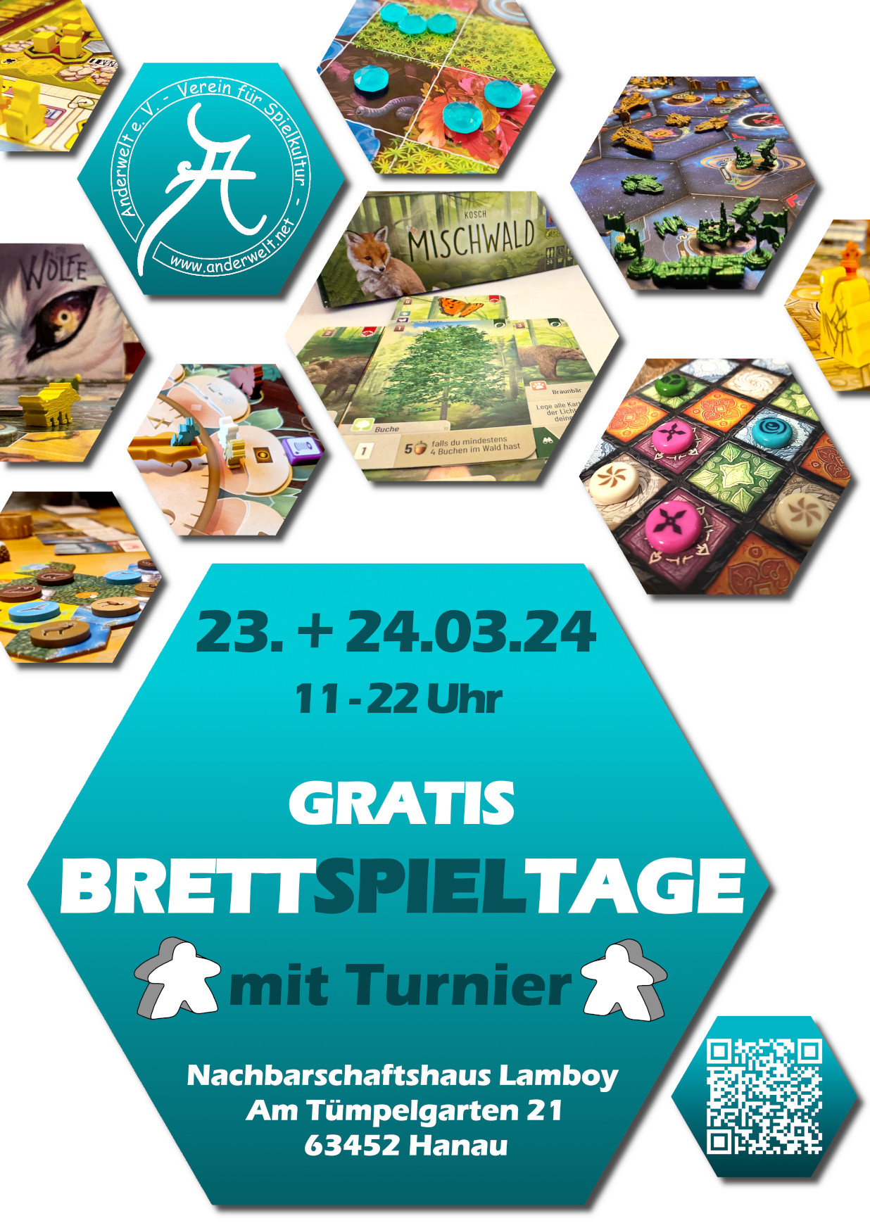 Flyer, mit Informationen zum Gratis-Brettspiel-Tag und vielen bunten Sechsecken, die Nahaufnahmen von verschiedenen Brettspiel-Materialien zeigen.