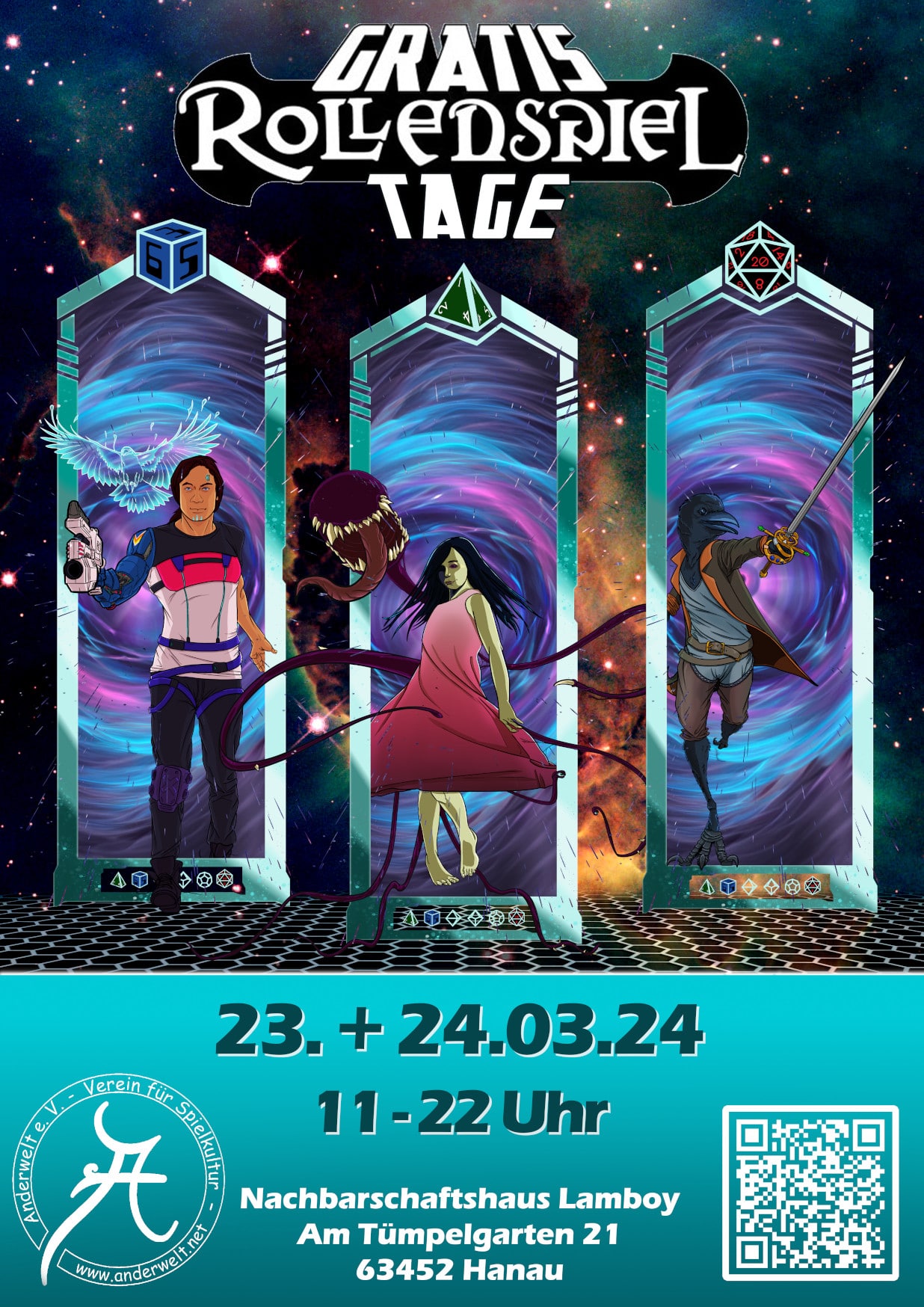 Flyer, mit Informationen zum Gratis-Rollenspiel-Tag. Zu sehen sind zudem drei Portale im Weltall, aus denen je eine Figur des Genres Science-Fiction, Horror und Fantasy steigen.