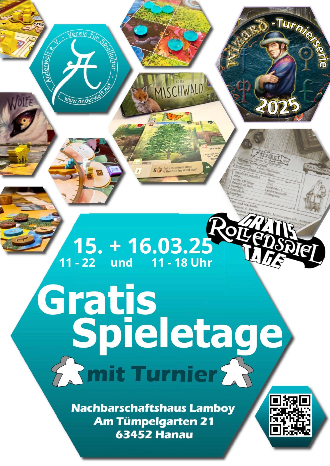 Flyer, mit Informationen zum Gratis-Brettspiel-Tag und vielen bunten Sechsecken, die Nahaufnahmen von verschiedenen Brettspiel-Materialien zeigen.