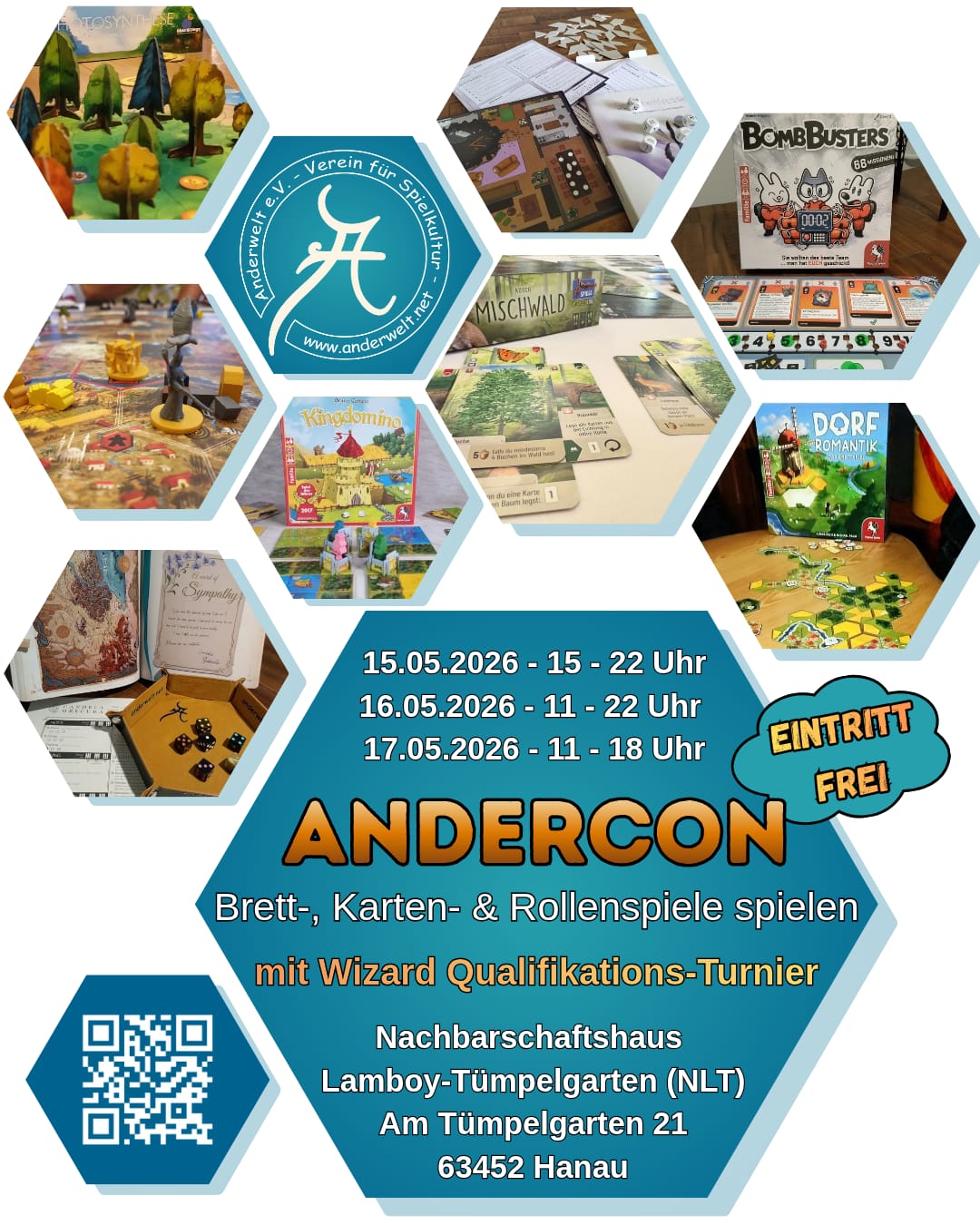 Flyer, mit Informationen zum AnderCon und vielen bunten Sechsecken, die Nahaufnahmen von verschiedenen Brettspiel-Materialien zeigen.
