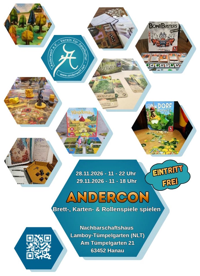 Flyer, mit Informationen zum AnderCon und vielen bunten Sechsecken, die Nahaufnahmen von verschiedenen Brettspiel-Materialien zeigen.