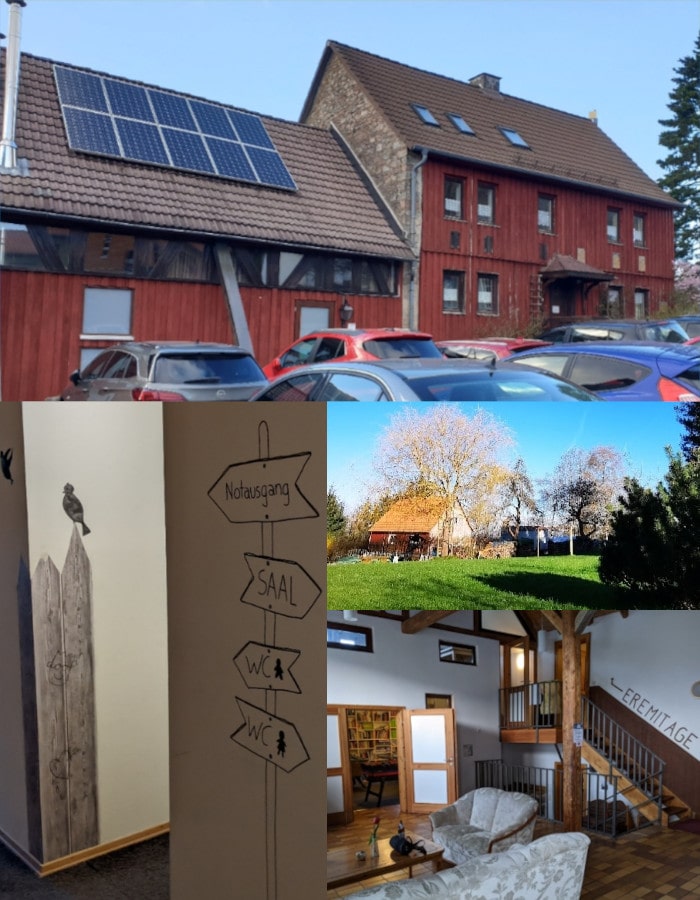 Eine Bildercollage zeigt das Hans-Asmussen-Haus von außen, den Garten hinter dem Haus, den Schlafbereich der Eremitage und die Eingangshalle mit Sofa.