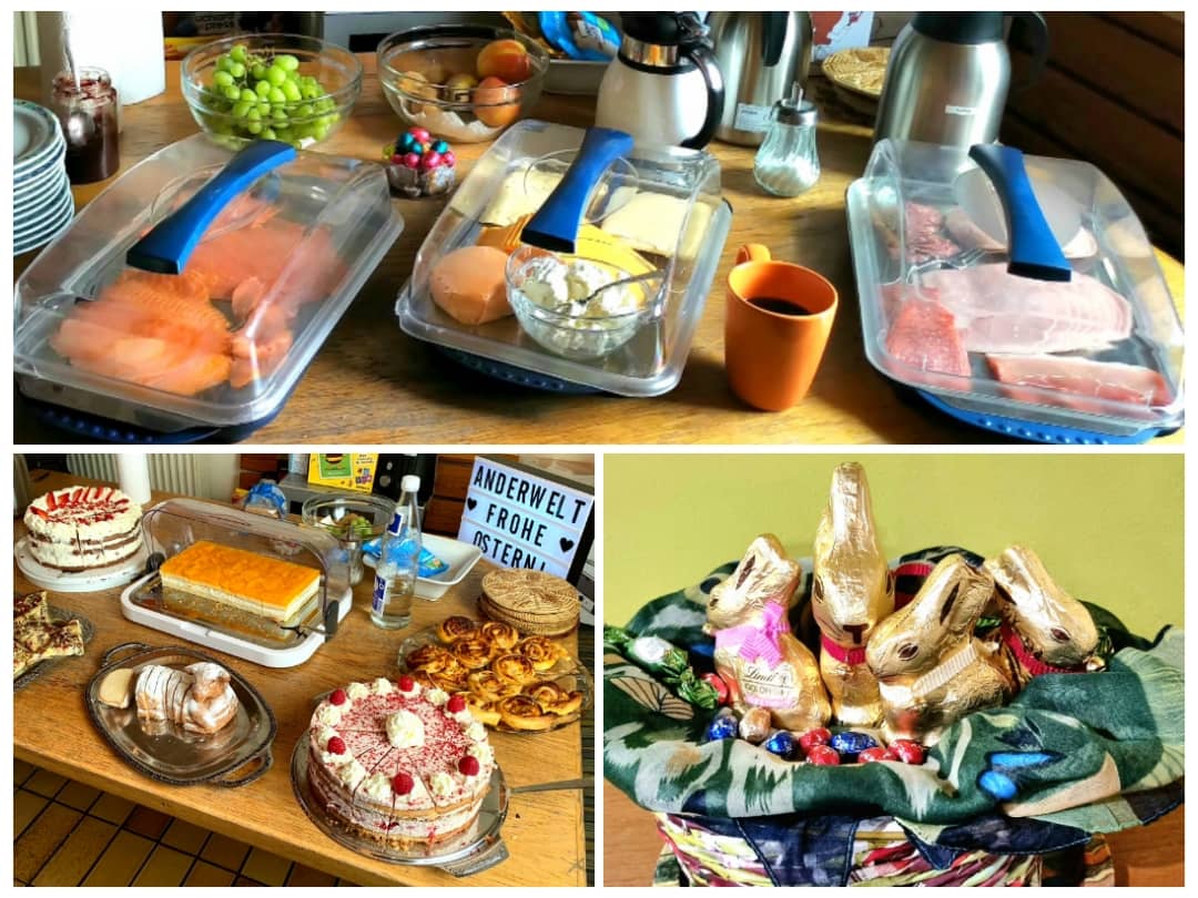Bildercollage von zwei Buffet-Varianten mit Torten, Kuchen, Lachs, Frühstücksangebot und Schokoladen-Hasen.