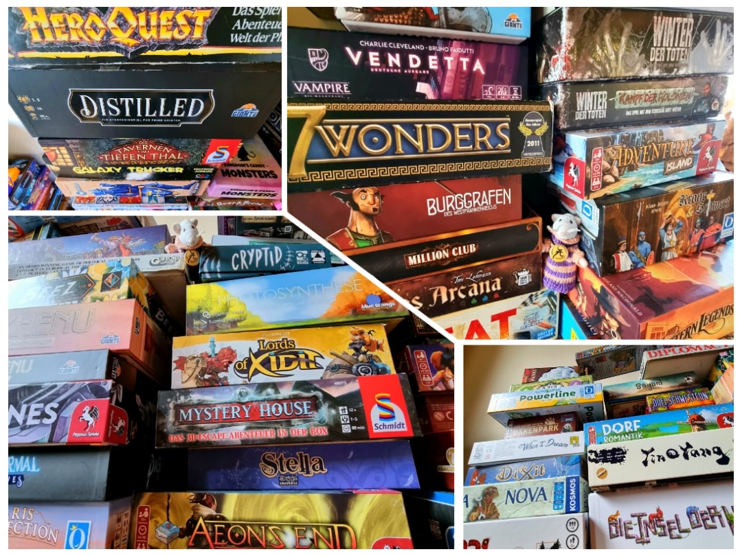 Bilderkollage von aufgetürmten Spielekartons.