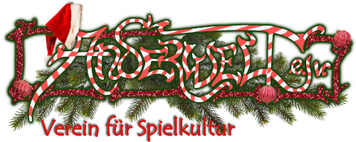 Anderwelt-Schriftzug im rot-weißen Zuckerstangen-Outfit mit Weihnachtsmütze und Tannen-Zweigen.