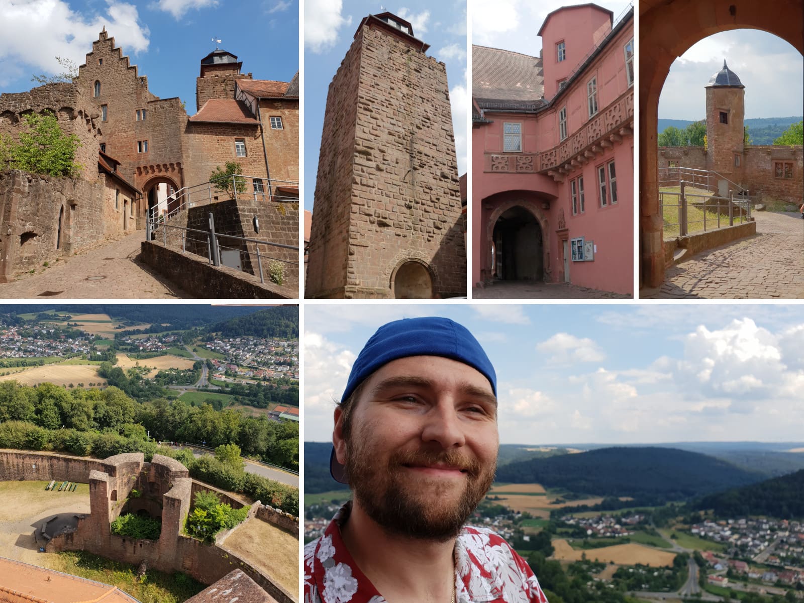 Bilder-Collage von Burg Breuberg mit Panorama-Blick auf die Region und einem fröhlichen Mitglied.