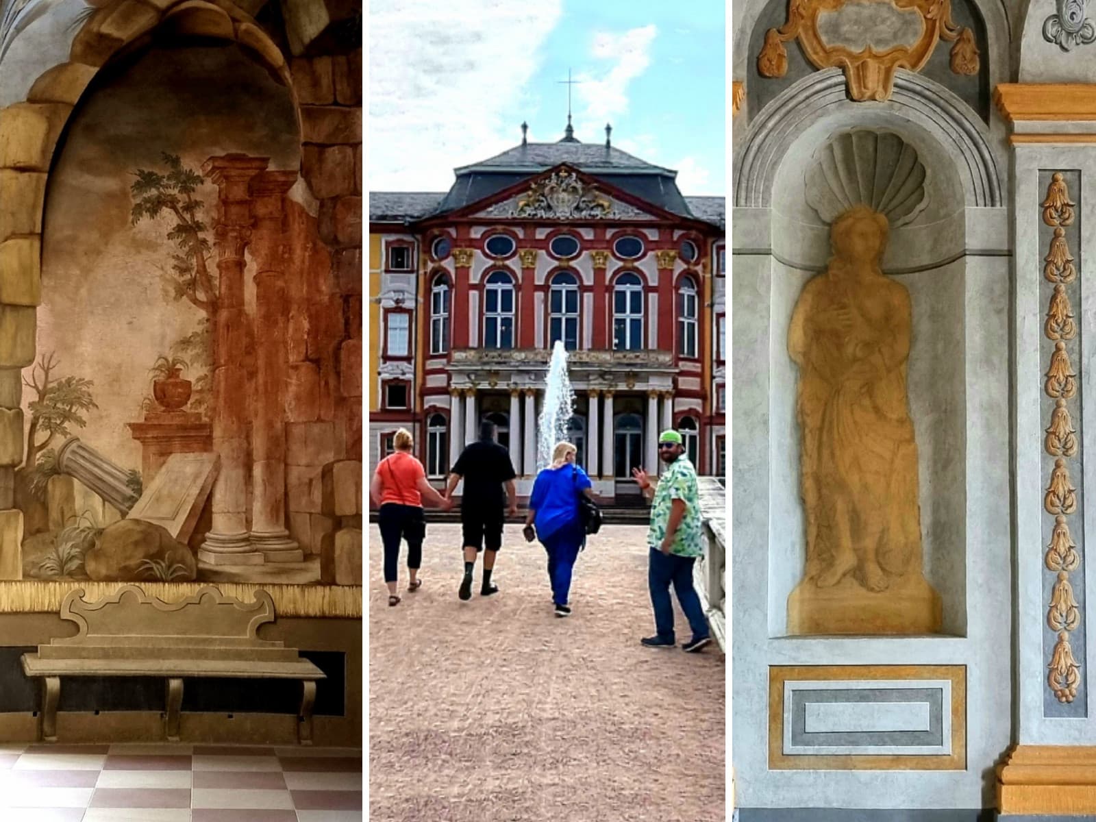 Bilder-Collage von der Fassade Schloss Bruchsals und der aufgemalten optischen Täuschungen im Innenbereich.