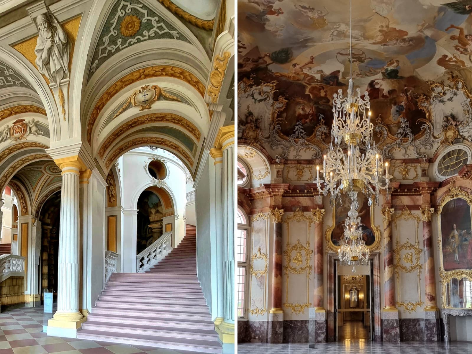 Barock-Treppenhaus und Tanz-Saal von Schloss Bruchsal.