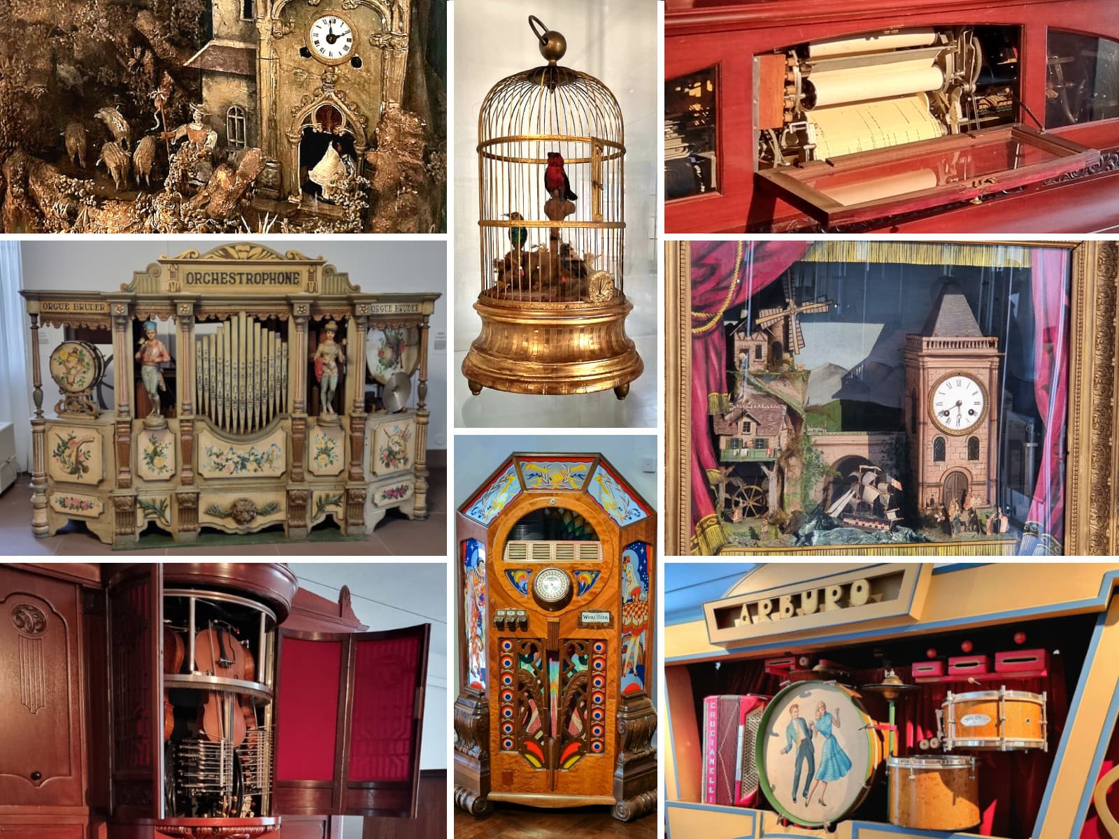 Bilder-Collage von Ausstellungsstücken des deutschen Musikautomatenmuseums in Schloss Bruchsal. Gezeigt werden Dioramen, eine Spielorgel, ein mechanischer Vogel im Käfig und weitere Musikautomaten aus zwei Jahrhunderten.