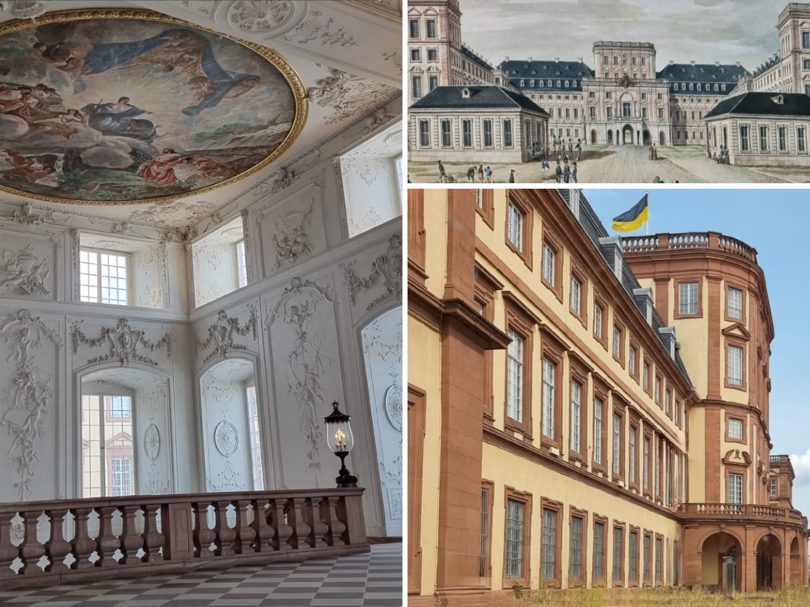 Bilder-Collage von Schloss Mannheim. Gezeigt werden Fassade und Treppenhaus.