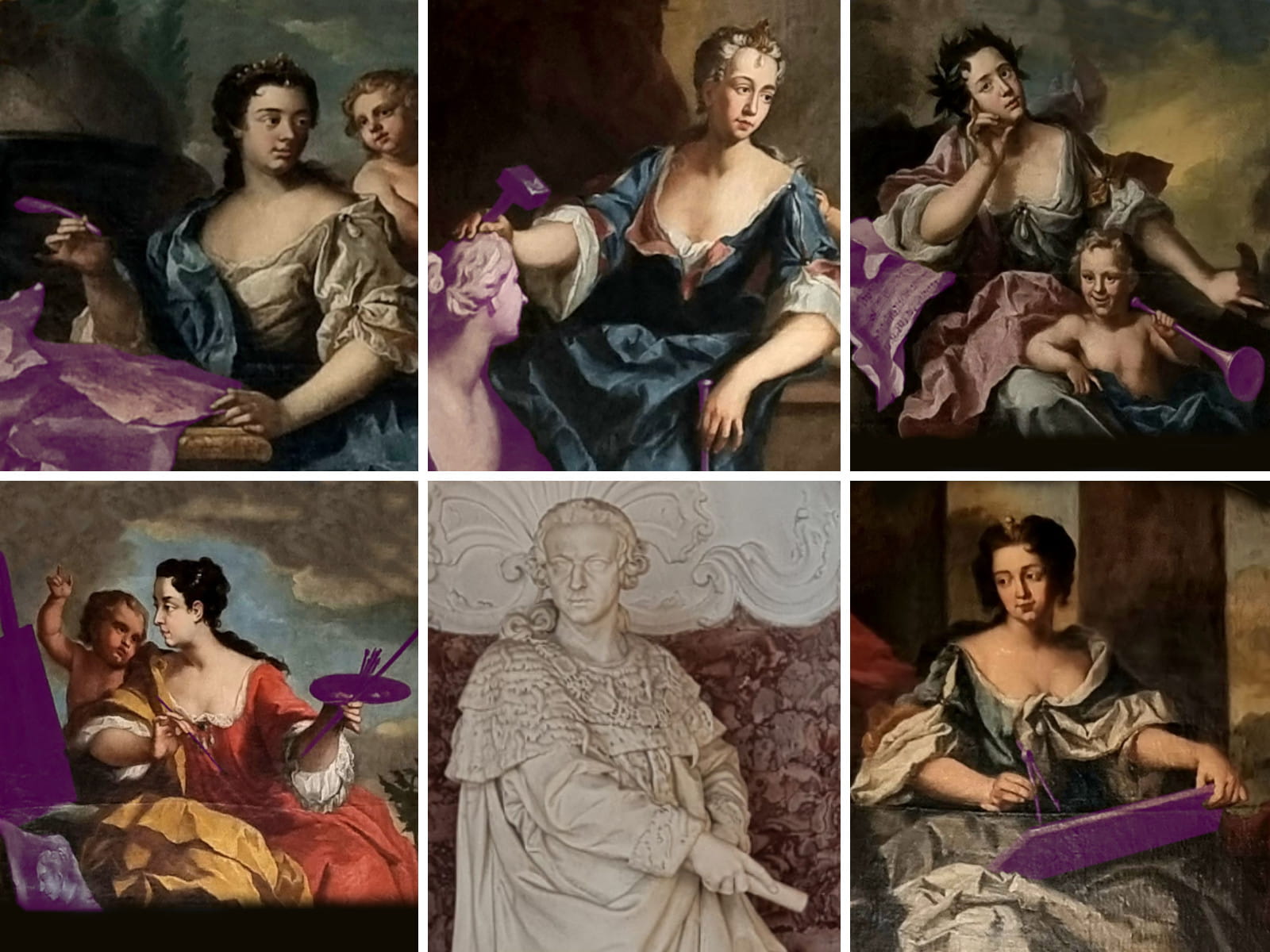 Bilder-Collage des Fürsten und seiner Töchter beim Ausüben verschiedener Künste. Dargestellt sind Schriftstellerei, Bildhauerei, Musik, Malerei und Architektur.