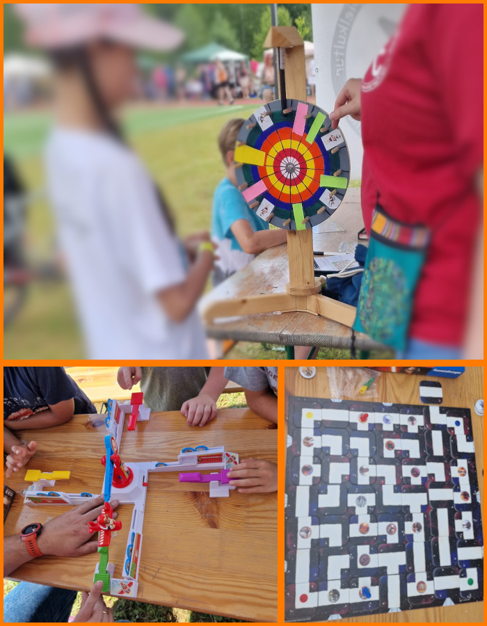 Eine Bilder-Collage der vom Anderwelt e.V. angebotenen Spiele inklusive Glücksrad zur Spendensammel-Veranstaltung der P.G.-Gesamtschule.