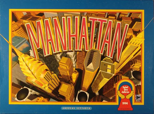 Spiele-Cover des Brettspiels Manhattan mit den berühmten Wolkenkratzern aus der Vogelperspektive und dem Spiel-des-Jahres-Pöppel von 1994.