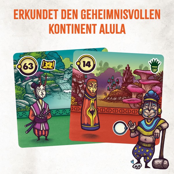  Zu sehen sind zwei Karten mit der typischen Grafik von Faraway. Das Spiel ist ein Familienspiel aus dem Pegasus-Verlag mit Figuren in bunten Gewändern in 4 farbigen Gegenden.(Eigentum von PEGASUS SPIELE Verlag / Catch Up Games)