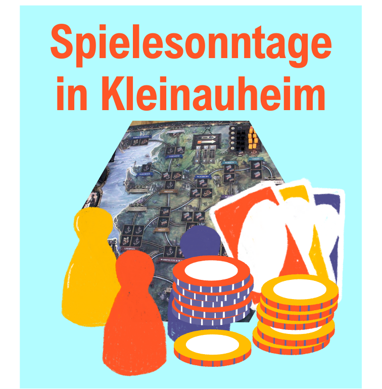 Gemalte Brettspiel-Elemente, Meeple, Chips sowie Karten, sind im Vordergurnd und im Hintegrrund ein Ausschnitt des Brettspiels Brass Birminghan zu sehen.