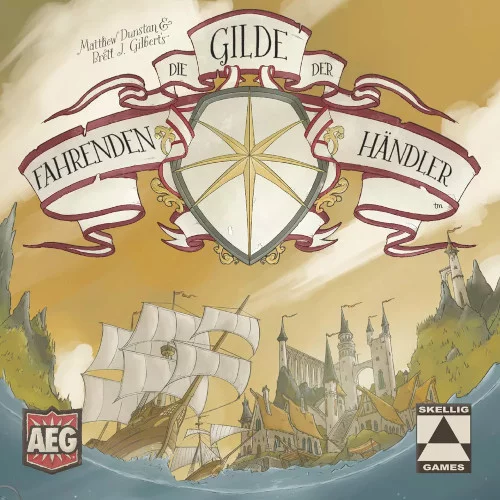 Zu sehen ist eine Brettspielschachtel von Skellig Games  mit dem Titel "Die Gilde der fahrenden Händler". Abgebildet sind darauf ein Stern-Wappen, ein Segelschiff im Gewässer vor Burgen, Türmen und Landschaften in gedeckten Erdtönen. (Quelle: Spiel-des-Jahres.de)