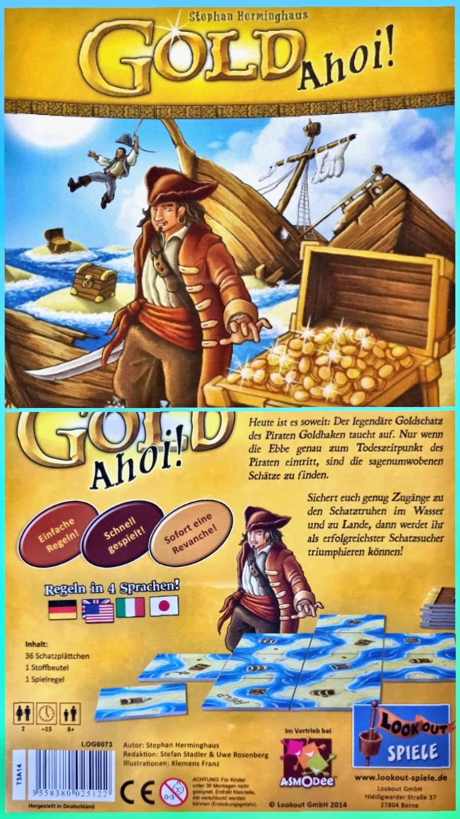 Spiele-Schachtel des Legespiels Gold Ahoi! Zu sehen ist ein Pirat mit Schatztruhe.