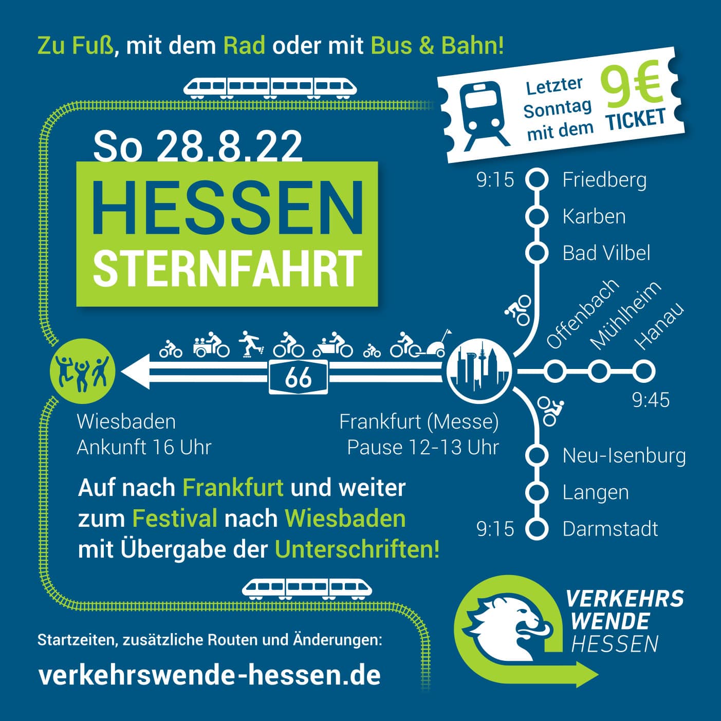 Grafik zur Sternfahrt mit verschiedenen Haltepunkten per Bahn und Fahrrad. Die Hauptroute führt von Frankfurt nach Wiesbaden mit dem Fahrrad über die A66. Alternativ ist durch das 9-€-Ticket die Fahrt mit dem Zug nach Wiesbaden zum Festival möglich.