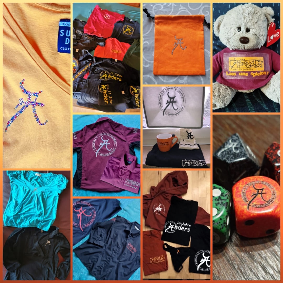 Zu sehen sind Bildausschnitte von Schirts, Würfel, Taschen, Tassen, Blusen, Hemden und mehr mit verschiedenen Anderwelt-Aufdrucken in unterschiedlichen Farbkombinationen (Stand 2021).
