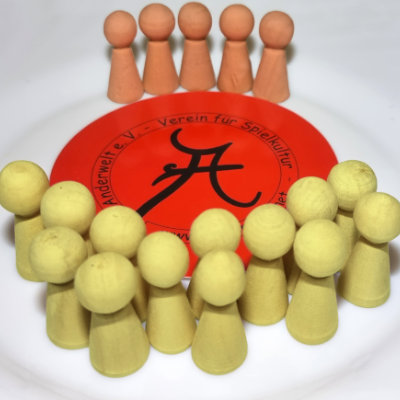 Spiele-Meeple, die um das runde Anderwelt-Logo versammelt sind.