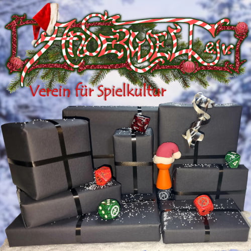 Kleiner Berg schwarz verpackter Pakete mit Schnee, Anderweltwürfeln und einem Nikolaus-Meeple dekoriert. Darüber der weihnachtliche Anderwelt-Schriftzug.