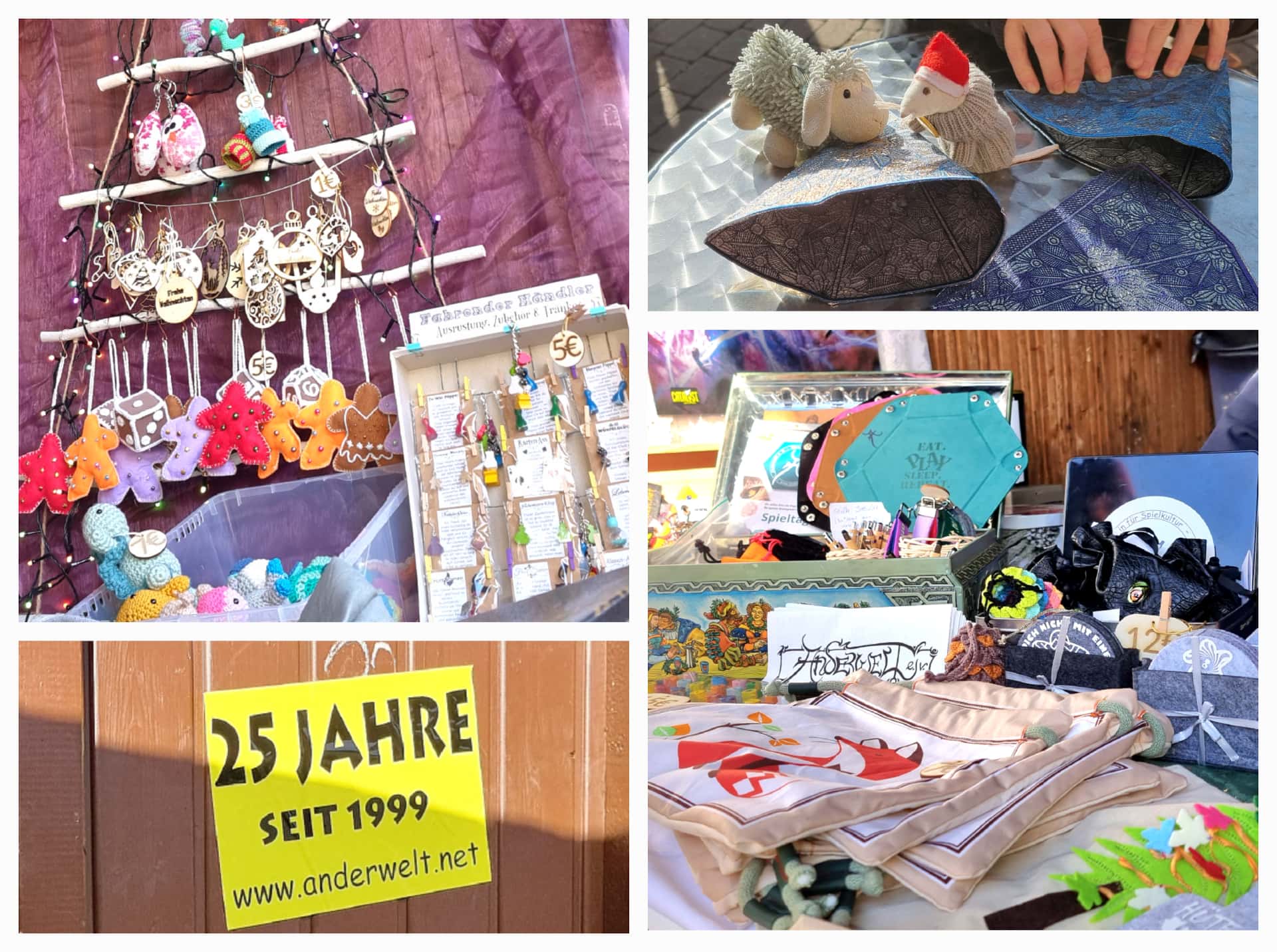 Bilder-Collage der Wahrenauslage. Zu sehen sind bestickte Filz-Meeple,  Weihnachts-Anhänger aus Holz und Wolle, Schmuck aus Spielfiguren, gehäkelte Tiere, Würfelteller, Filz-Untersetzer, Würfelbeutel, Säckchen sowie eine Plüsch-Maus mit Weihnachtsmütze und ein Plüsch-Schaf, die fleißig dabei helfen bestickte Stoff-Pyramiden aufzustellen.