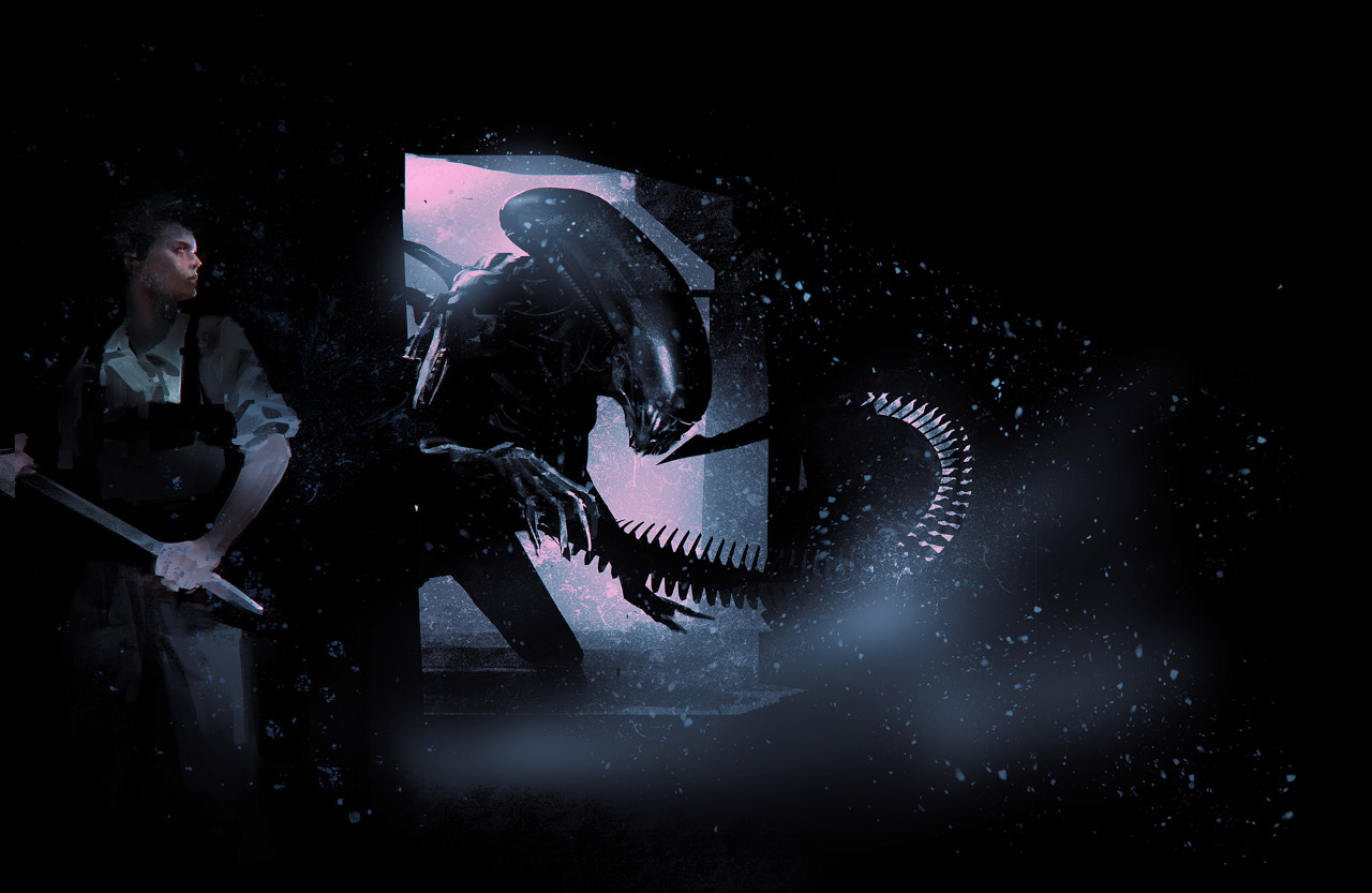 Ein Mensch versteckt sich in der Dunkelheit vor einem berohlichen Alien. (Eigentum von Free League Publishing - Lead Designer: Tomas Härenstam, Lead Artist: Martin Grip, Grafikdesign: Christian Granath)