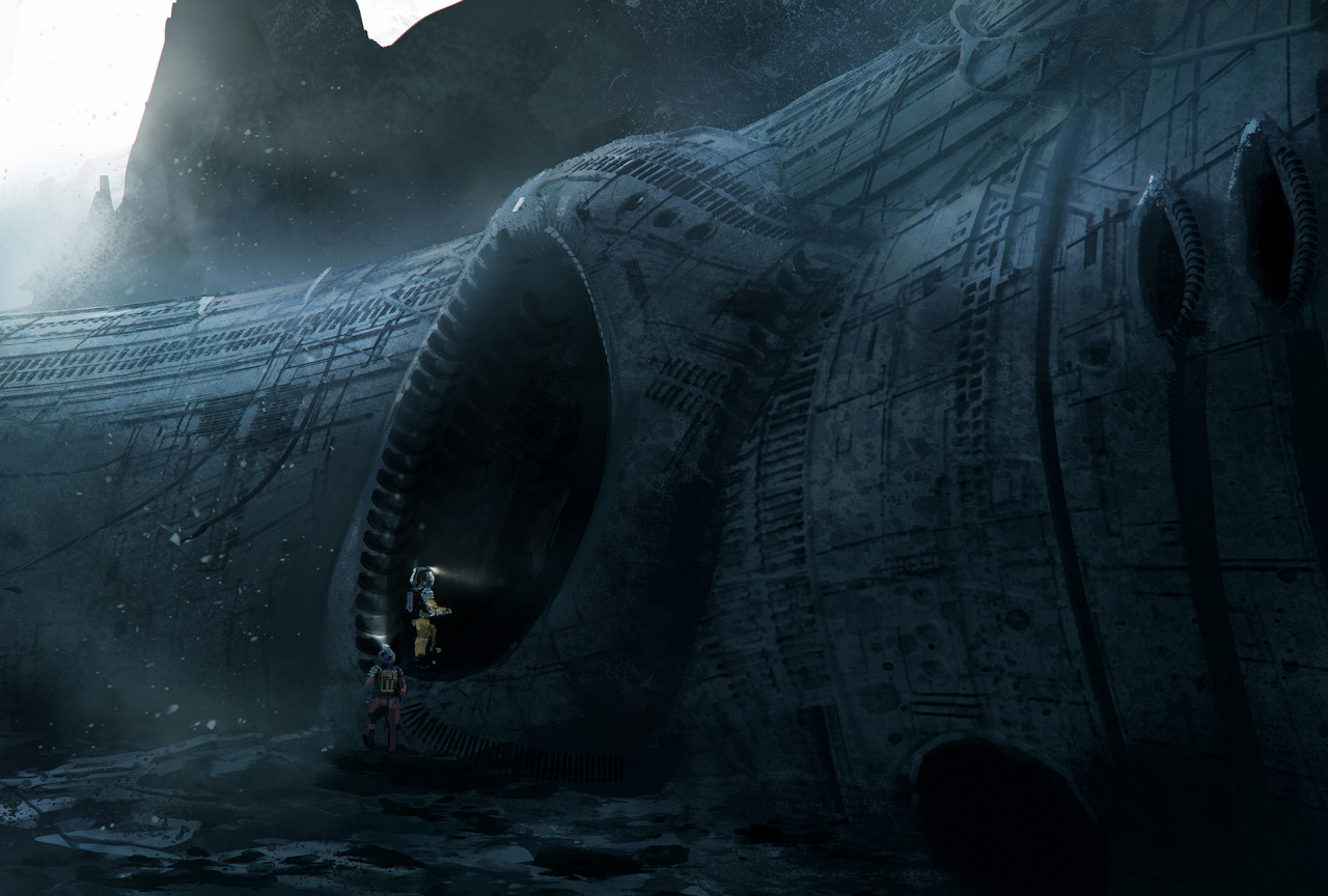 Menschen im Raumanzug betreten ein außerirdisches Gebilde, dessen Öffnung an einen Höhleneingang erinnert. (Eigentum von Free League Publishing - Lead Designer: Tomas Härenstam, Lead Artist: Martin Grip, Grafikdesign: Christian Granath)