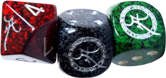 Drei aufgereihte Würfel - links ein roter W8, mittig ein schwarzer W6 und rechts ein grüner W6 jeweils mit dem runden Anderwelt-Logo bzw. dem A auf der höchsten Würfelseite.