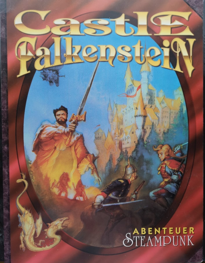 Cover vom Regelbuch. Zu sehen ist eine Szene, die an Schloss Neuschwanstein und einem König Ludwig mit Schwert erinnert. Ebenso sind ein Ballon, ein Drache und ein Elf zu erkennen.