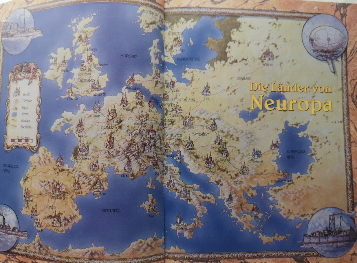 Länderkarte von Neuropa mit eingezeichneten prachtvollen Gebäuden und Gebirge.