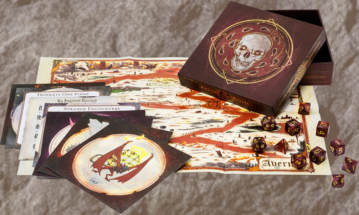 Ensemble für Baldurs Gate - Descent into Adventures, bestehend aus Map, Würfeln und diversen Zusätzen. (Eigentum von Wizards of the Coast LLC)