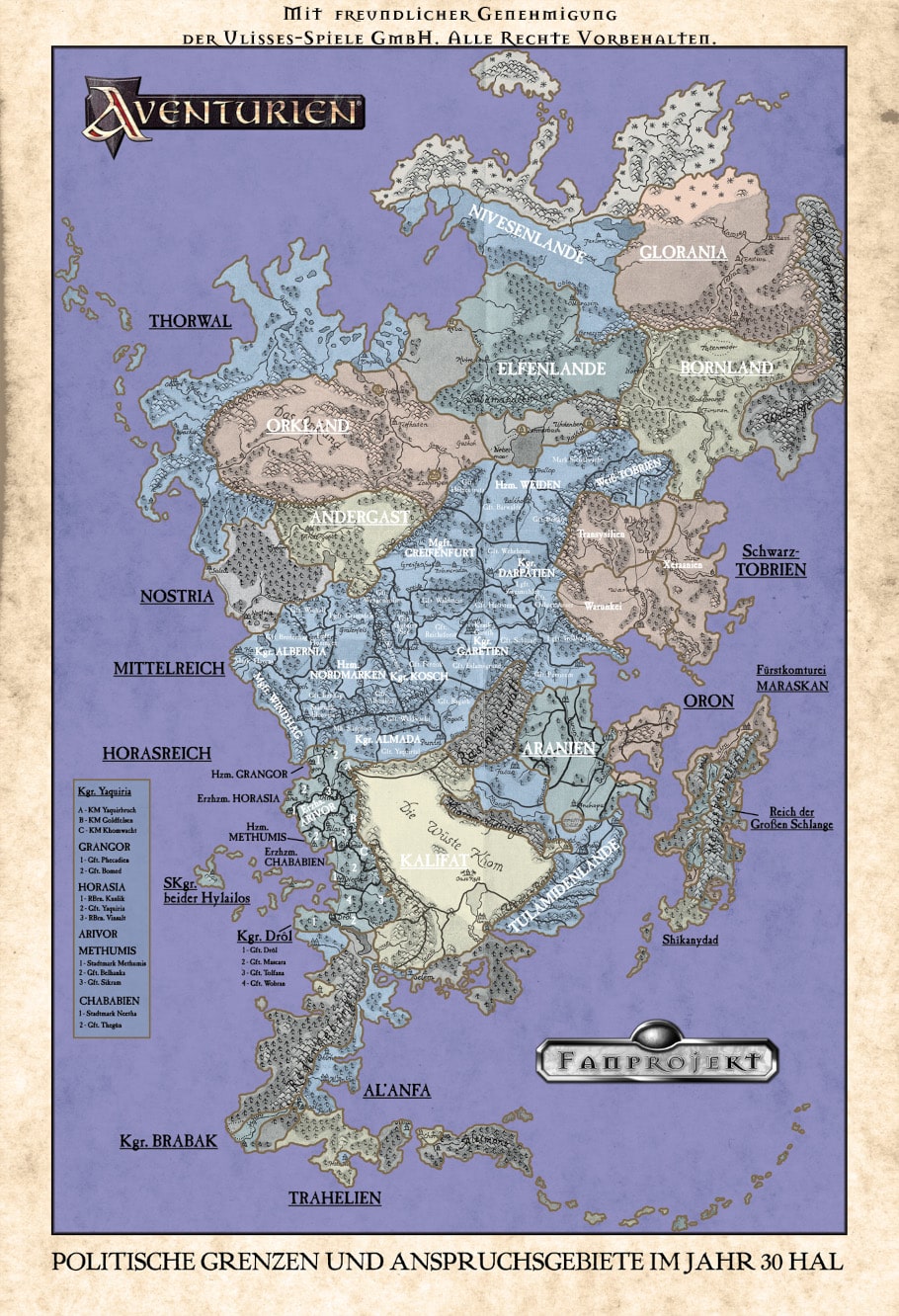 Karte von Aventurien mit politischen Grenzen und Anspruchsgebieten im Jahr 30 HAL. (Eigentum von Ulisses Medien & Spiel Distribution)