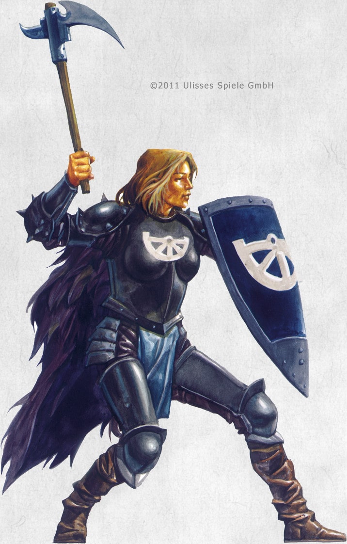 Archetyp Alanfanerin in voller Rüstung in Kampfpose mit gehobener Axt und schützendem Schild. (Eigentum von Ulisses Medien & Spiel Distribution)