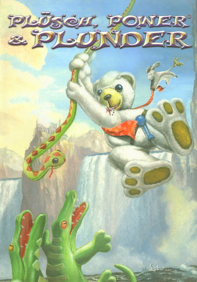 Ein weißer Teddy, der an einer Plüsch-Schlange eine Schlucht mit hungrigen Plüsch-Krokodilen hinüberschwingt, an ihm klammern sich einige Gefährten.