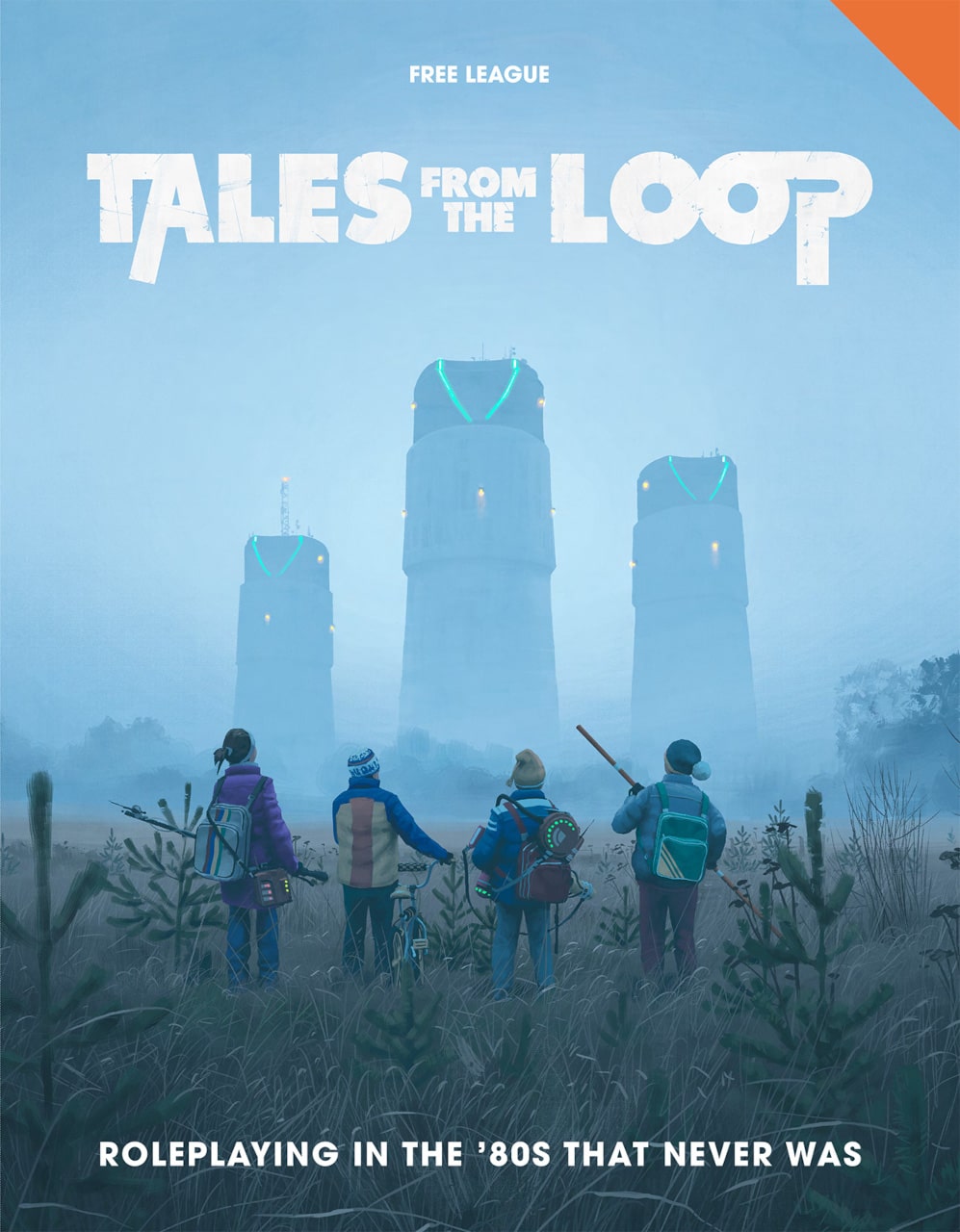 Cover des Regelbuchs - zu sehen sind 4 Kinder auf einem nebligen Feld, die sich drei großen leuchtenden Türmen in der Ferne zuwenden. (Eigentum von Free League Publishing - Hauptdesigner : Nils Hintze, Hauptkünstler: Simon Stålenhag, Grafikdesign: Christian Granath)