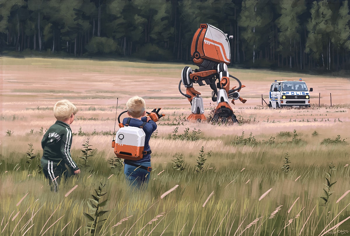Zwei Kinder auf einem Feld, die mit einem technischen Gerät mit Handschuh auf einen großen Roboter ziehlen, vor dem ein Polizei-Wagen steht. (Eigentum von Free League Publishing - Hauptdesigner : Nils Hintze, Hauptkünstler: Simon Stålenhag, Grafikdesign: Christian Granath)