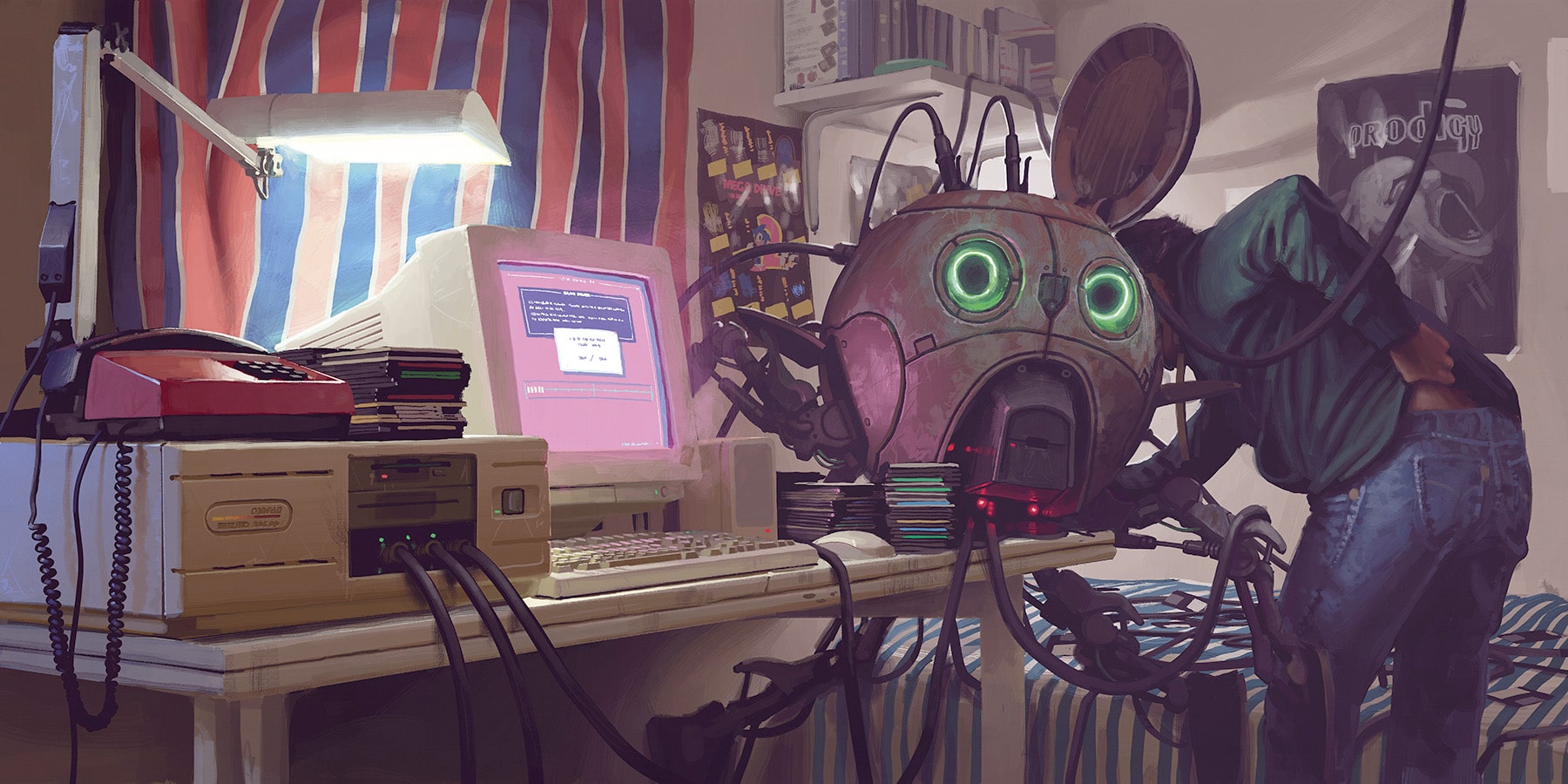 Ein Mensch, der dabei ist eine art kugelförmigen Roboter mittels PC am Schreibtisch zu hacken. (Eigentum von Free League Publishing - Lead Designer: Nils Hintze, Lead Artists: Simon Stålenhag, Reine Rosenberg, Grafikdesign: Christian Granath)