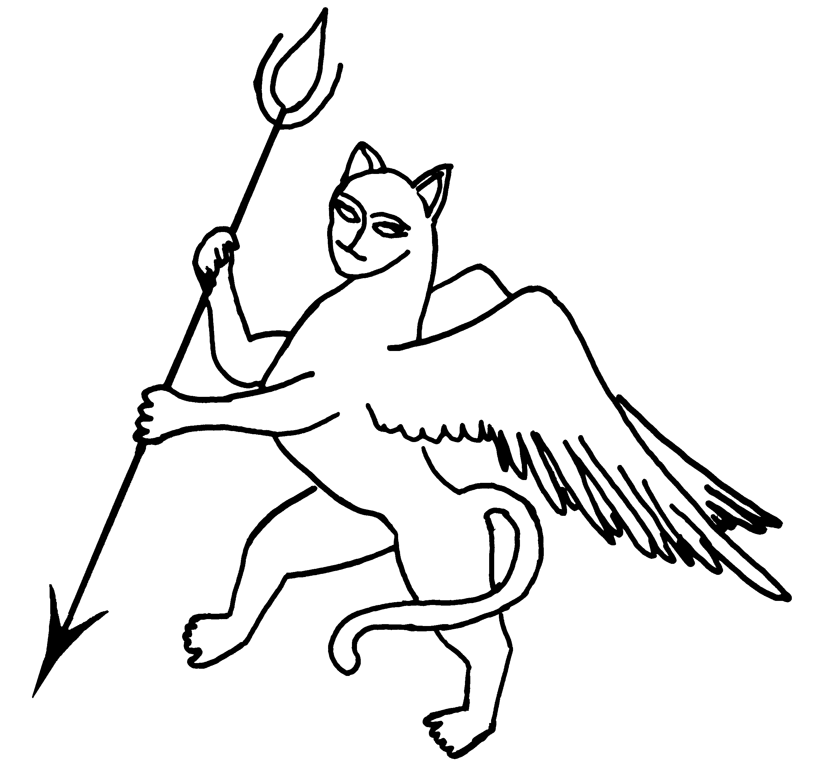 Wappenbild von Indarh, ein geflügeltes Katzen-ähnliches Fabelwesen mit einem Speer.