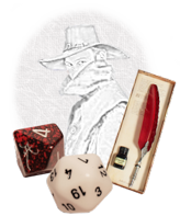 Eine Zeichnung von einer Person mit Hut und Mantel, mit ins Gesicht gezogenem Stehkragen. Im Vordergrund ein Anderwelt-W8-Würfel, ein W20-Würfel und ein Schreibset aus Federkiel und Tintenfass.